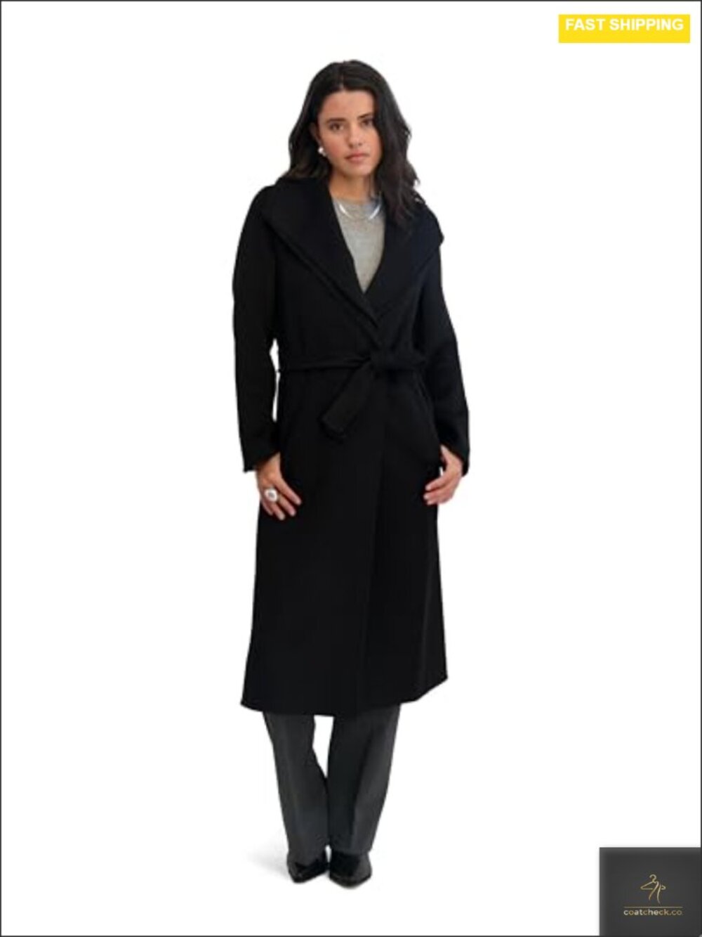 Slim Fit Double-faced Wool Blend Wrap Coat with Tie Belt Long